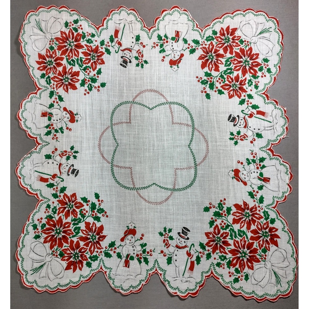 Vtg Printed 1950s Christmas Hanky 13.75 x 13.75 Snowman/woman Poinsettia Hankie - Picture 2 of 5